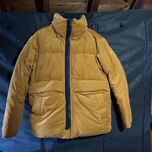 Banana Republic Men's Ochre Puffer Jacket with Dark Blue Trim